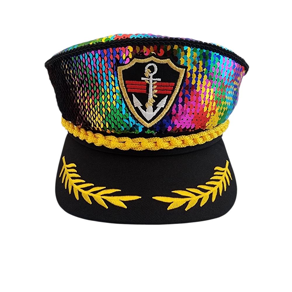 Sequin Captain Hat with Anchor Emblem Pride/ Rainbow Sequin Fabric & Gold